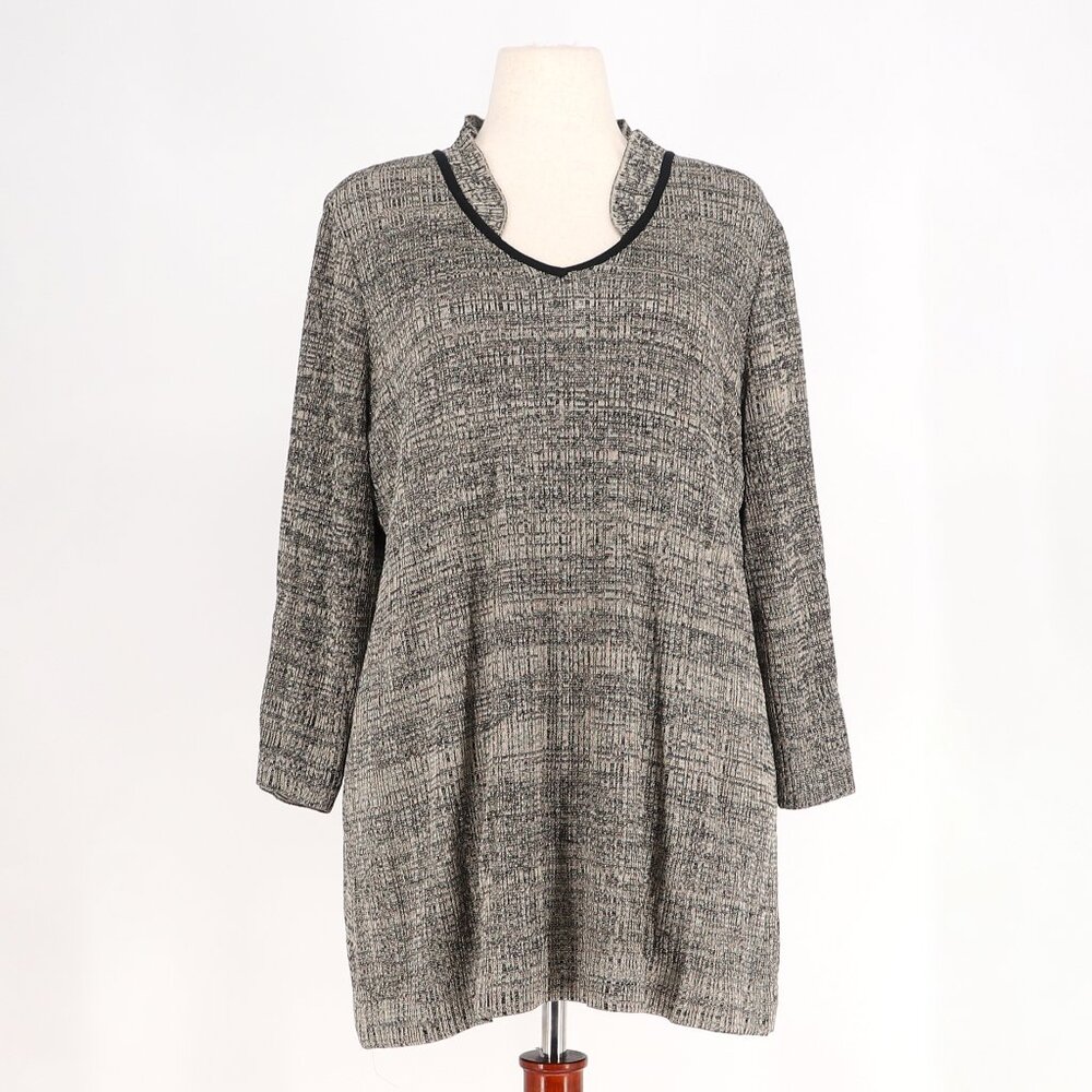 MING WANG Textured Marled V-Neck Stand Collar Tunic Top Gray Black Size L